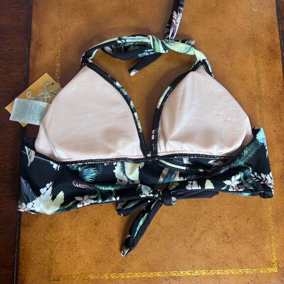 Kona Sol NWT Peak A Boo Band Tie Back Bikini Top Black Tropical Size S(4-6) - Picture 2 of 11